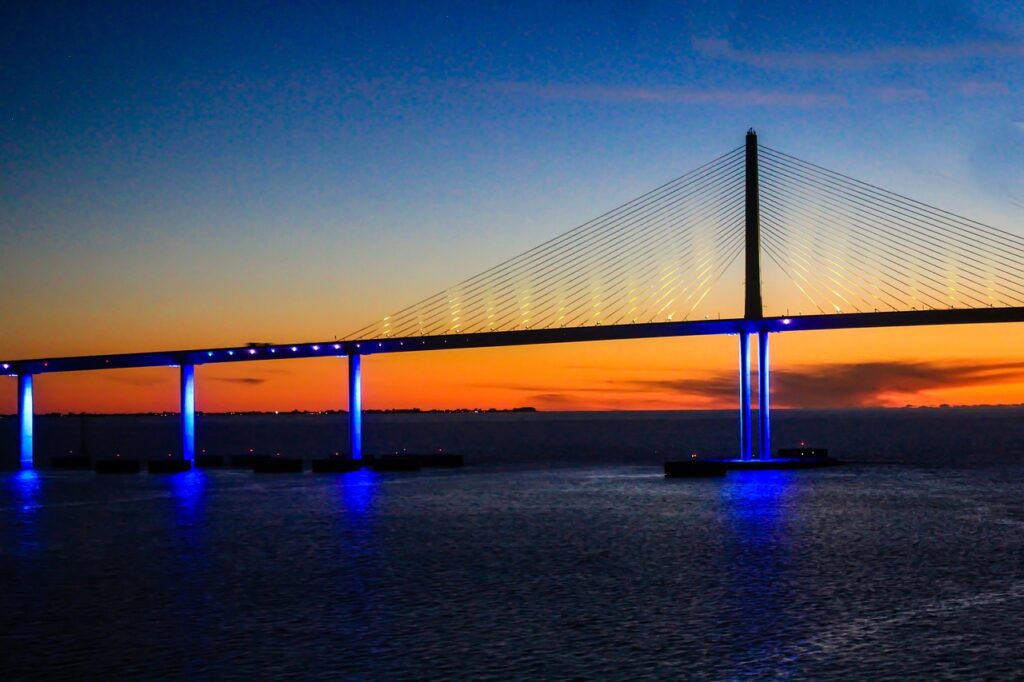 Sunshine Skyway Bridge at sunset over Tampa Bay in Pinellas County Florida