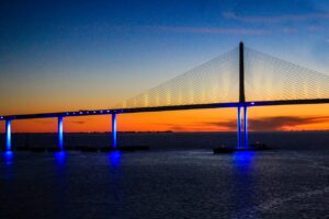 Sunshine Skyway Bridge at sunset over Tampa Bay in Pinellas County Florida